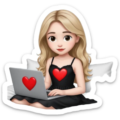 Sabrina carpenter in a black nightdress sitting on a bed with her laptop open and there is a heart on her laptop  sticker