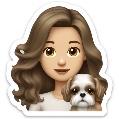 Young brunette hair woman with a cream shih tzu in her arms long wavy hair sticker