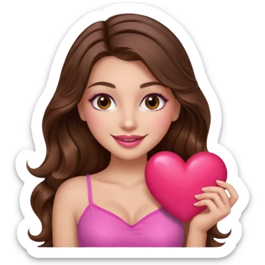 girl with long wavy brown hair, brown eyes, long lashes makeup, sexy pink lips, light to medium complexion, wearing a pink sexy top, smiling, holding a big heart sticker