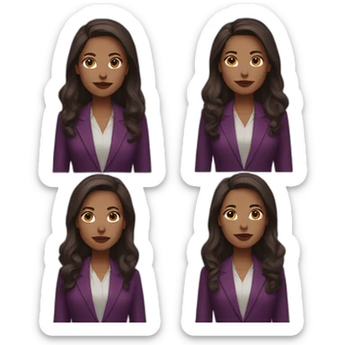 a white woman, dark brown long hair, wearing marsala lipstick and using a purple blazer sticker