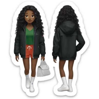 Lacoste bag black girl with long hair with black lacoste windbreaker sticker