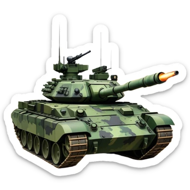 T-90M (2022) – Cinematic-realistic T-90M tank, its angular black and green camouflage slicing through a muddy battlefield. The reactive armor panels gleam under missile flashes, and its remote-controlled machine gun turret swivels as it advances through a smoldering village, leaving deep tracks in the scorched earth. sticker