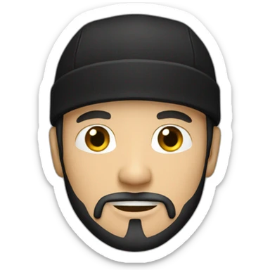 White man with goatee beard, black cap and black hood sticker