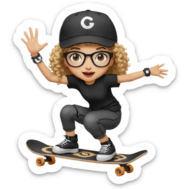 ["An excited girl with light skin, curly hair, wearing a baseball cap and square glasses, dressed in goth fashion, is skateboarding while holding a camera."] sticker