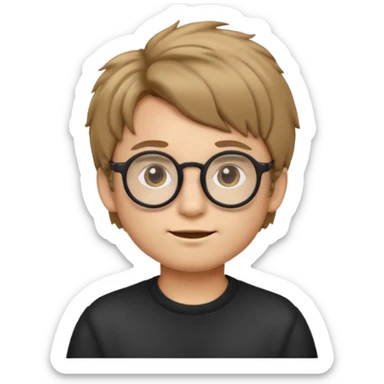 boy emoji, dark blond hair, ear‑length, fluffy and voluminous, wearing round glasses, minimalistic emoji style, cute and colorful sticker