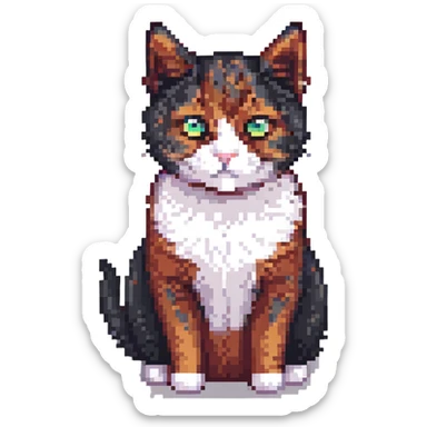 cat with a mix of black and red fur, pixel art style sticker