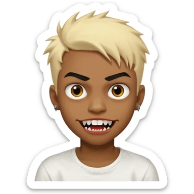 Black Male Teenager with Short punk messy blonde hair, Dark brown bushy eyebrows large expressive golden-brown eyes, wearing a plain white t-shirt, Dark Brown skin color. vampire tooth sticker