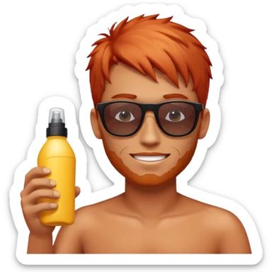 male red haired with suncream bottle and sunglasses, with sun burned sticker