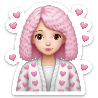 White fuzzy cardigan with little pink hearts on if sticker