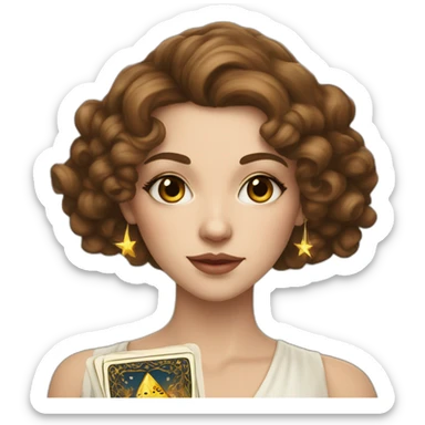 white young elegant woman with long brown curls and a tarot card that has a golden star sticker