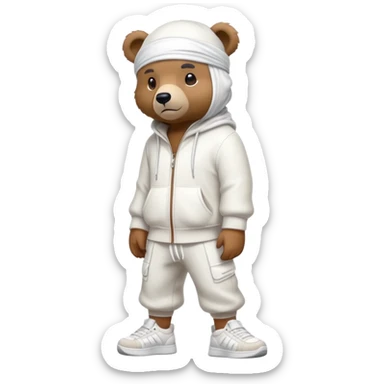 Complete full-body view of a bear wearing a white durag and stylish urban sneakers, showing from head to toe sticker
