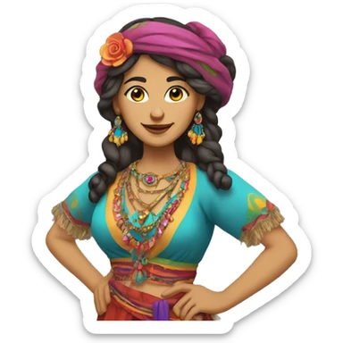 Create an image of a gypsy wearing colorful clothing and traditional accessories, depicting her full body and typical gestures of her culture sticker
