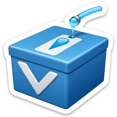 A blue box  and a white tick 1d sticker