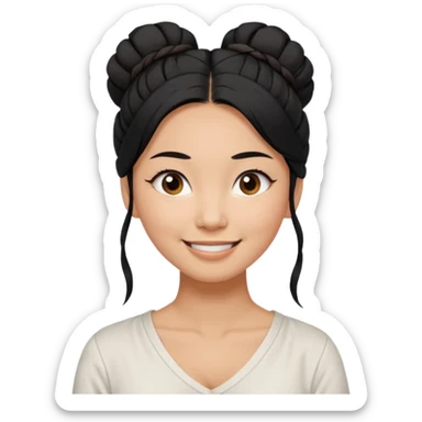 medium tan asian woman with long black hair tied in a high messy bun, round brown eyes, white v neck blouse. shes smiling and friendly. sticker
