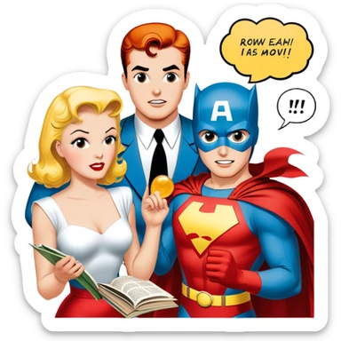 Icon for Vintage American Comics: an open comic book with classic 1940s-1950s American comic art, featuring superheroes in bold, bright colors, with action panels and exaggerated speech bubbles. The icon should represent the nostalgic style of vintage comics. Transparent background. sticker