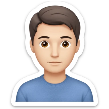 Мужчина с мягкими чертами лица, аккуратная причёска, нейтральная поза, свитер или рубашка спокойного оттенка, образ надёжный и располагающий. sticker