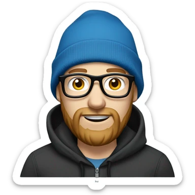 pale white man with a beard in a blue hoodie wearing a black carhartt beanie and clear glasses sticker