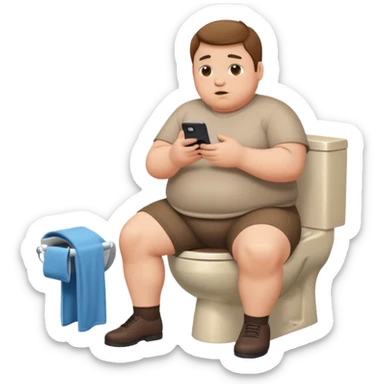 chubby man on a toilet, pants at ankles, using a smartphone sticker