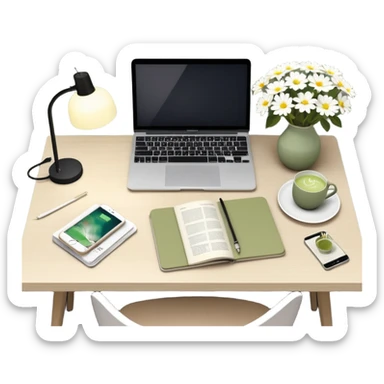 seeing a working from home desk from above with a macbook computer, fashion/interior magazines, flowers in a little vase, louis poulsen portable lamp with a dimmed cozy light and a iced matcha. very scandinavian aesthetic sticker