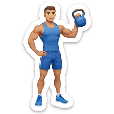 jacked man with blue shorts holding kettlebell sticker