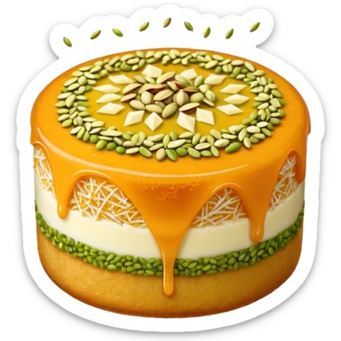 A small round emoji of traditional kanafeh with golden-orange crispy threads, a gooey white cheese center, and a light sprinkle of green pistachios. Warm and delicious-looking. sticker