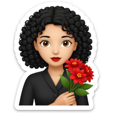 A girl with curly  black  hair and res flowers in her hands sticker