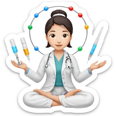 emoji of an asian woman with a single bun in a white lab coat sitting cross legged with micropipettes levitating in an arc around her head sticker