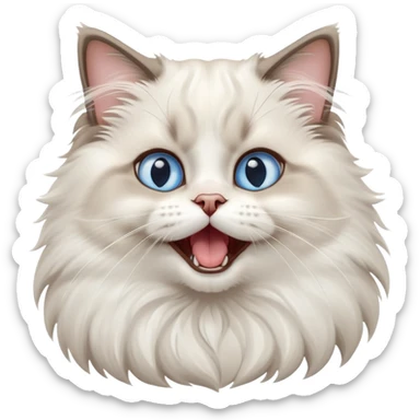 cinematic-adorable-big-eyed-fluffy-ragdoll-cat-portrait-emoji,-head-tilted-playfully-with-a-cute,-yawn,-white and grey fur,-simplified-yet-irresistibly-cute-features, blue eyes sticker