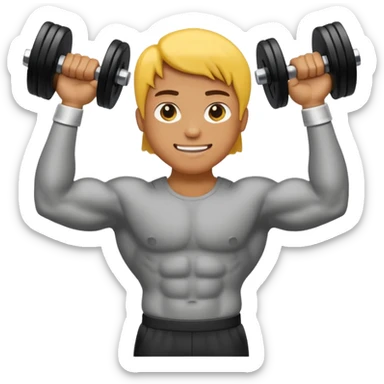 A bold, expressive emoji-style character flexing his bicep while holding a dumbbell in one hand. Bright colors, simple features, rounded edges, and a friendly, energetic look. sticker