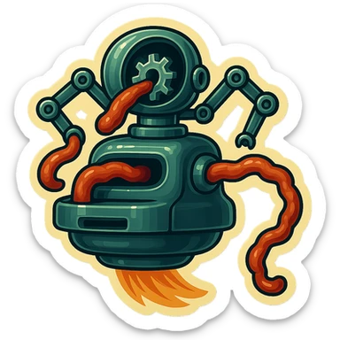 hovering robot. stuffs material into large hole on its top where a head would be. no head. spinning gears and blades in hole grind material.  3/4 view. between realism and cartoon. well lit. no dramatic lighting. metallic shiny robot. works diligently. drake humor sticker