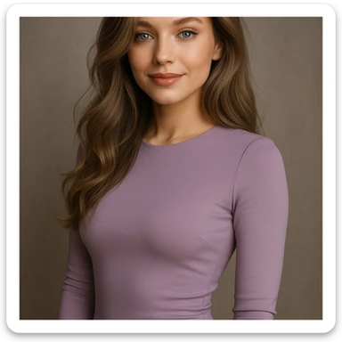 A stylish woman with a gentle smile, long, a bit curly light ash brown hair, blue eyes, nude lipstick, wearing a body-hugging light purple dress, chic and modern look. sticker