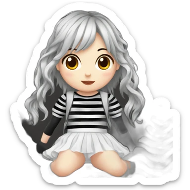 Frontal view curvy emo girl sits white skirt striped stockings hands up sticker