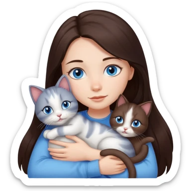a pretty girl with long dark 
brown hair, with blue eyes, hugs 3 different natural coloured small cats sticker