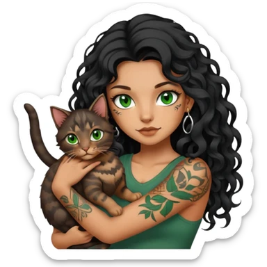 girl with long black Loose curls hair and tattoos and a green eyes cat sticker