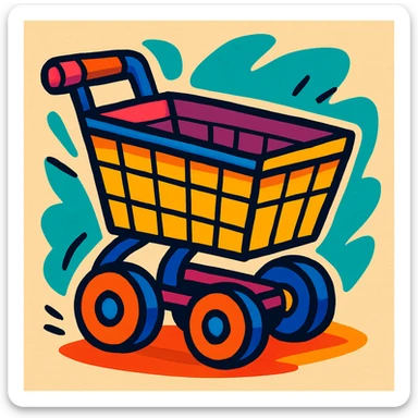shopping cart in cartoon style, exaggerated wheels and colors, colorful and dynamic sticker