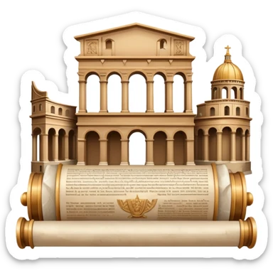 An icon featuring an ancient scroll, surrounded by famous historical landmarks and statues of notable figures, like the Colosseum or Napoleon. The design symbolizes the exploration of history through monuments and people. Transparent background highlights the pas sticker