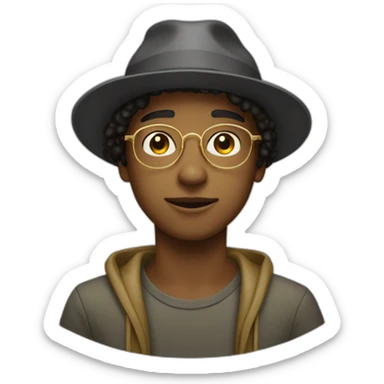 young guy with thin gold glasses and bob hat sticker