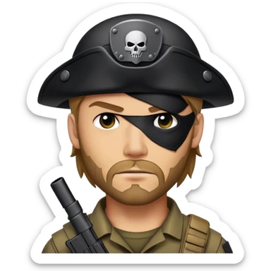 A rugged mercenary with stubble, black tactical gear, and an eye patch with a faint scar beneath. sticker