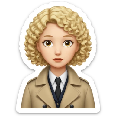 detective woman in long coat, blond short curly hair, white skin sticker