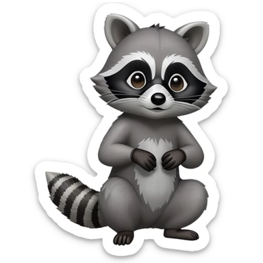 Cinematic-Raccoon-Realistic-hunched Full-Body on all fours-Emoji – Tail flicking lazily, head tilted dramatically, thick grey fur with a signature black mask, sharp and alert ears, simplified yet realistic focused features, highly detailed, glowing with an almost sarcastic glow. sticker