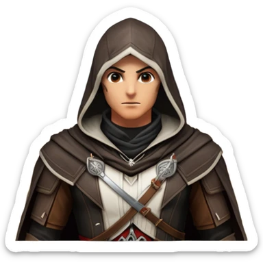icon featuring Assasin's Creed in an iconic assassin's hood, standing tall against the backdrop of Florence. The design captures the essence of adventure, with intricate details of historical architecture and a sense of mystery. The character is poised, ready for action. transparent background. sticker