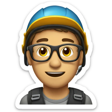 Young man with safety helmet, glases and earplugs sticker