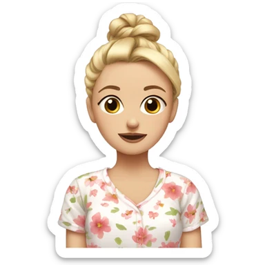 Blonde girl in floral pyjamas with messy bun at the top of her head sticker