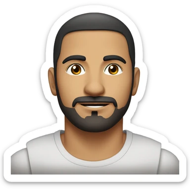 A head and shoulders shot of a 32 year old Middle Eastern man, with short black hair, with goatee facial hair,   with brown eyes wearing a t-shirt. sticker