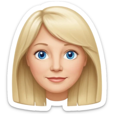 50 yr old white woman, curtain bangs, long straight blond hair, oval face, small smile, blue eyes sticker