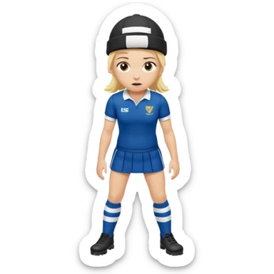 chica rubia con cara de miedo vestida con equipación de rugby y una casqueta en la cabeza metida en unas botas de presoterapia sticker