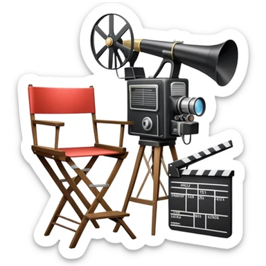 Icon for Directing: a director's chair, a film clapperboard, large movie camera, vintage megaphone and a stage with a spotlight. The icon should represent the creative and organizational aspects of directing, with focus on storytelling, staging, and performance. Transparent background. sticker