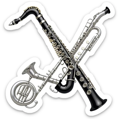 Create a sleek and professional emoji representing a black standard clarinet. The design should feature a smooth, glossy black body of the clarinet with shiny, silver keys clearly visible. Highlight the intricate details of the mouthpiece and reed at the top, while the body of the instrument should remain simple and elegant. Add subtle musical notes or soundwaves floating around the instrument to symbolize its clear, melodic sound. Use black for the body, silver for the keys, and soft lighting effects to give the instrument a polished, sophisticated look. The background should be transparent. sticker