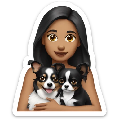 Black haired Woman with black tri mini Aussie and black tri chihuahua  sticker