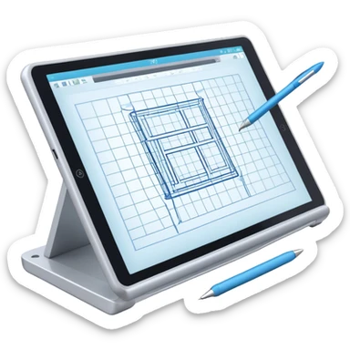 Create an emoji for 3D visualization and modeling. Show a large graphic tablet with a stylus drawing in a 3D modeling program, displaying a wireframe model on the screen. Use modern, professional colors. Do not include any emojis or smiley faces. Make the background transparent. sticker